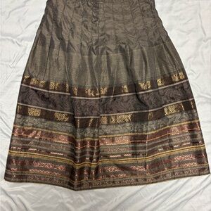 Brown Patterned Skirt with Metallic Stripe Accents